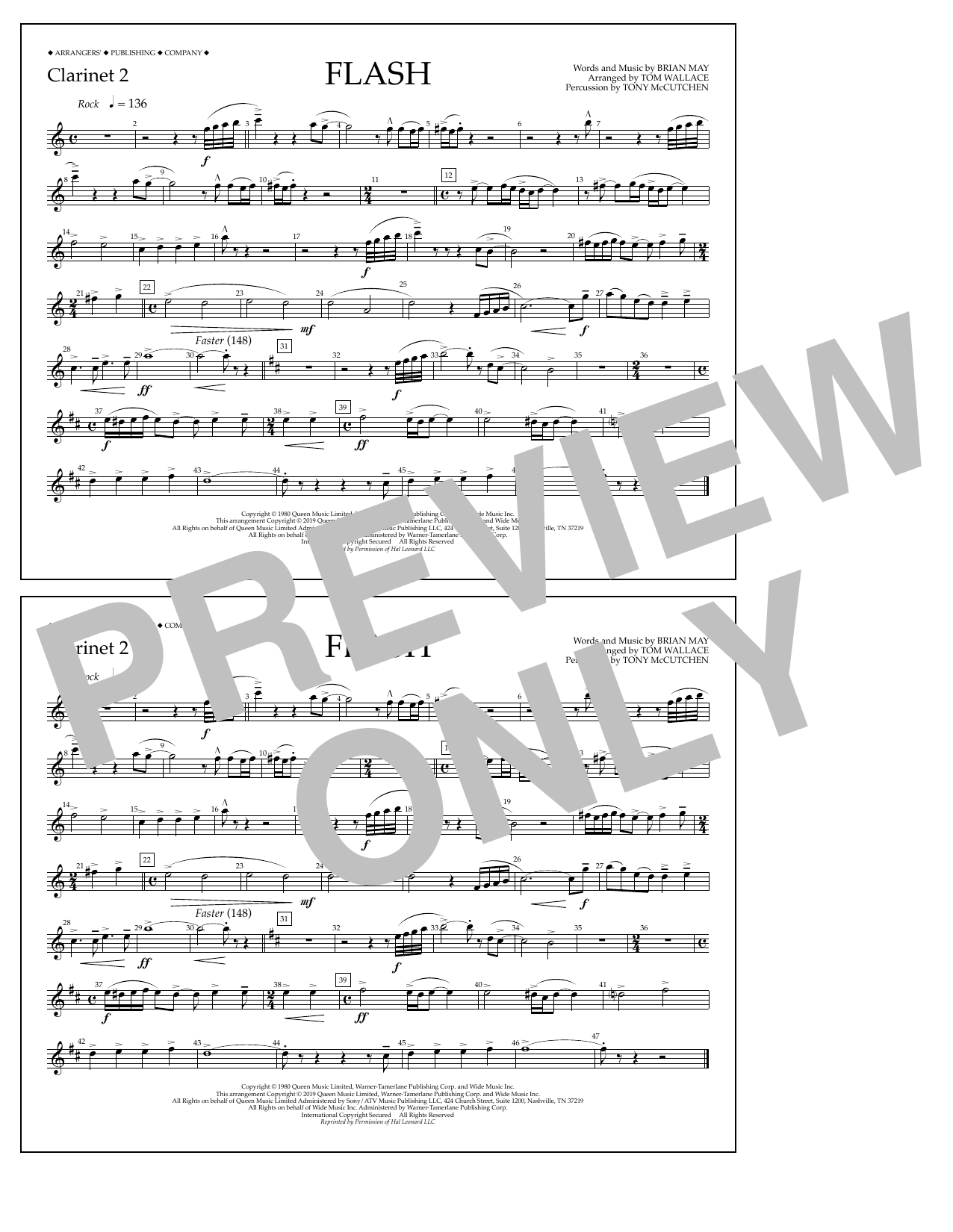 Download Queen Flash (arr. Tom Wallace) - Clarinet 2 Sheet Music and learn how to play Marching Band PDF digital score in minutes