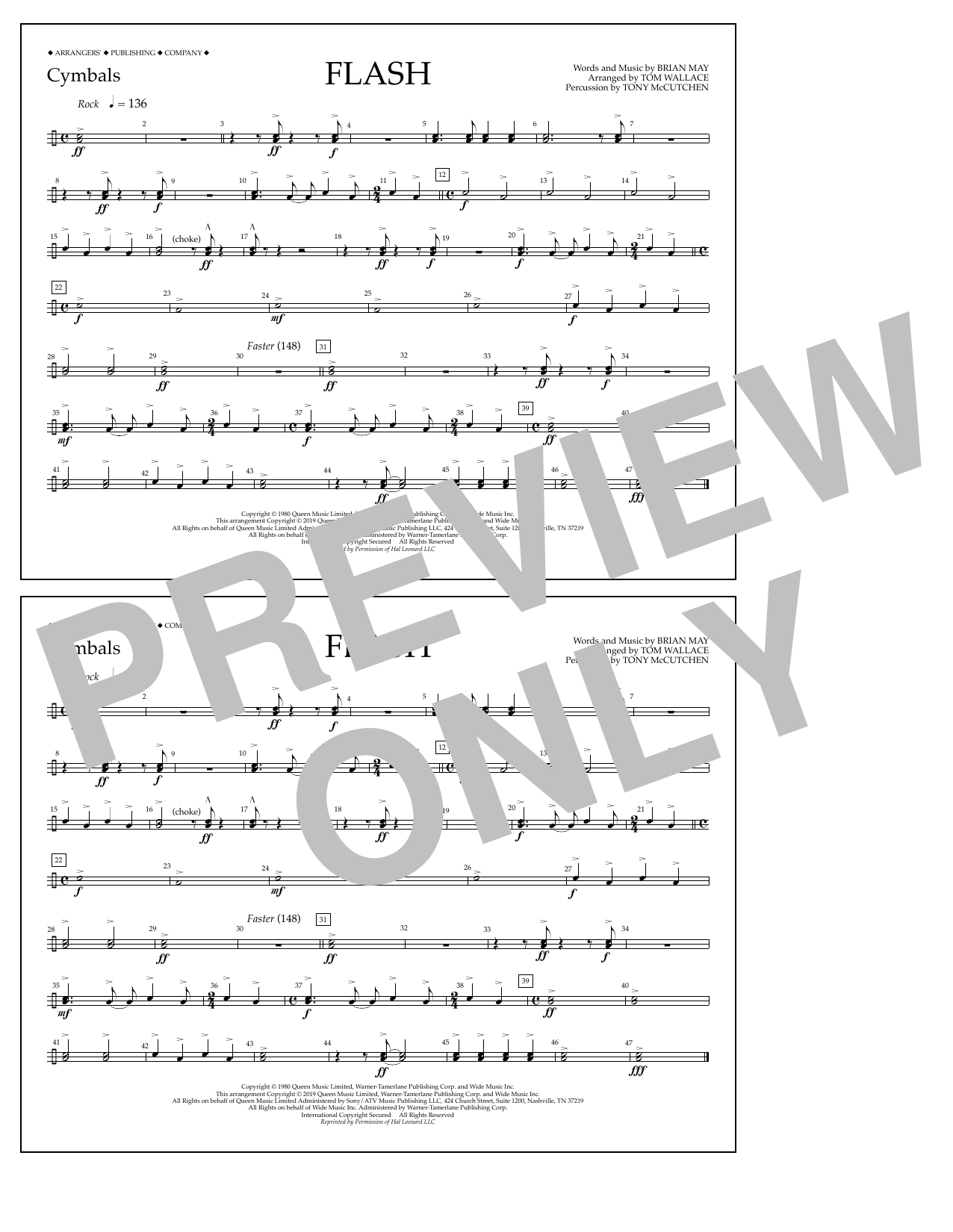 Download Queen Flash (arr. Tom Wallace) - Cymbals Sheet Music and learn how to play Marching Band PDF digital score in minutes