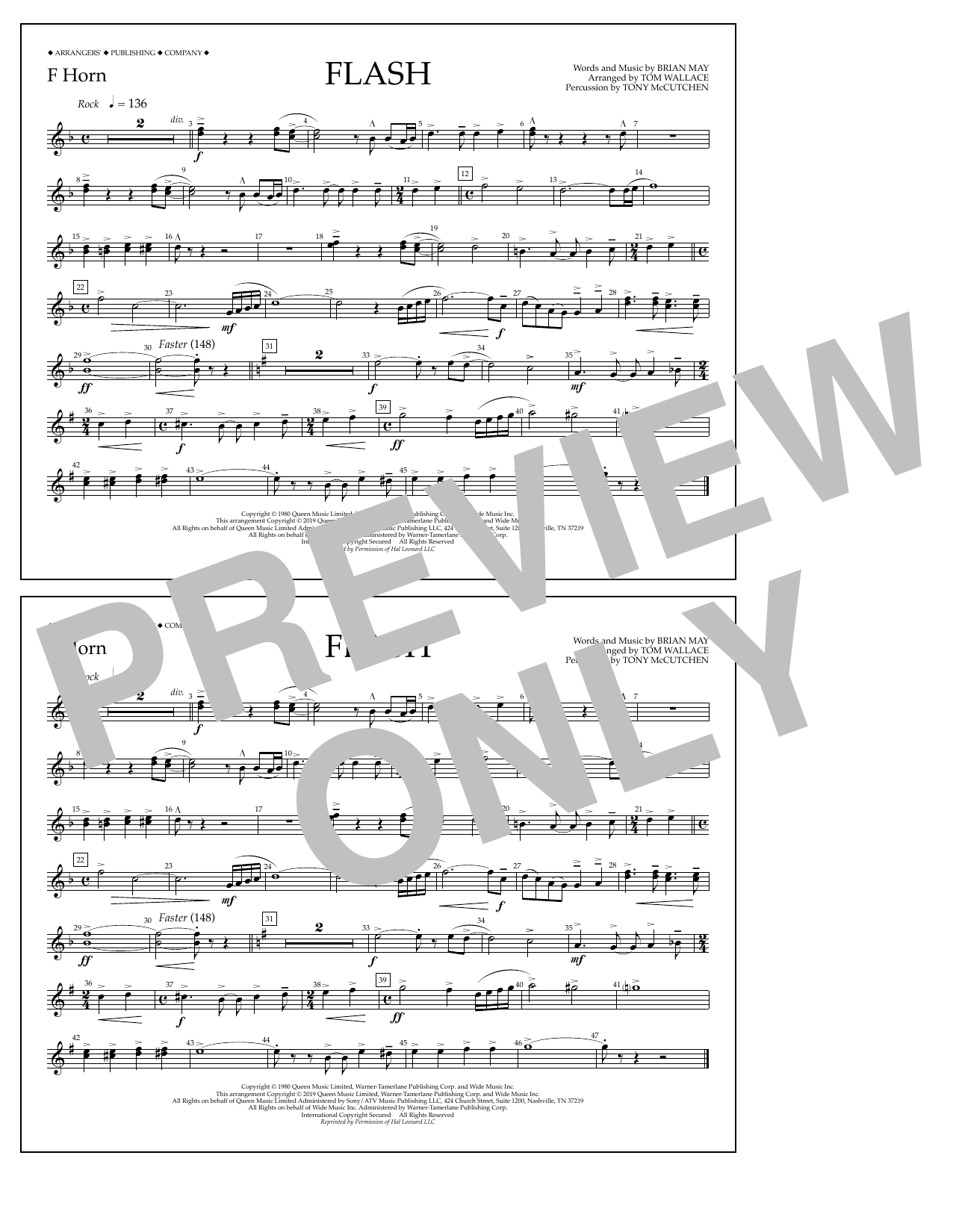 Download Queen Flash (arr. Tom Wallace) - F Horn Sheet Music and learn how to play Marching Band PDF digital score in minutes