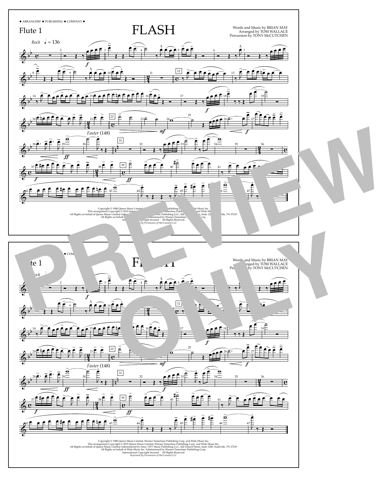 Download Queen Flash (arr. Tom Wallace) - Flute 1 Sheet Music and learn how to play Marching Band PDF digital score in minutes