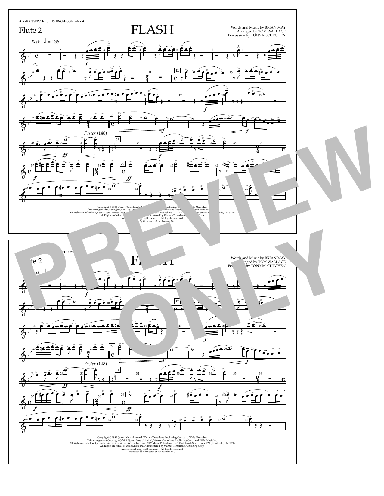 Download Queen Flash (arr. Tom Wallace) - Flute 2 Sheet Music and learn how to play Marching Band PDF digital score in minutes
