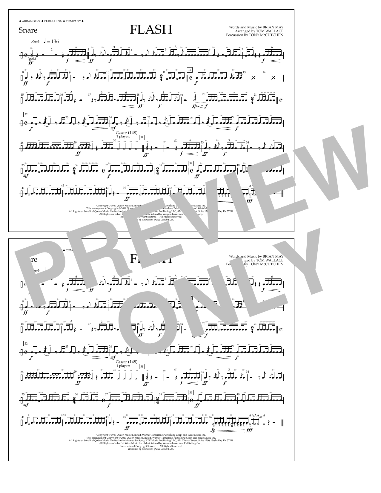 Download Queen Flash (arr. Tom Wallace) - Snare Sheet Music and learn how to play Marching Band PDF digital score in minutes