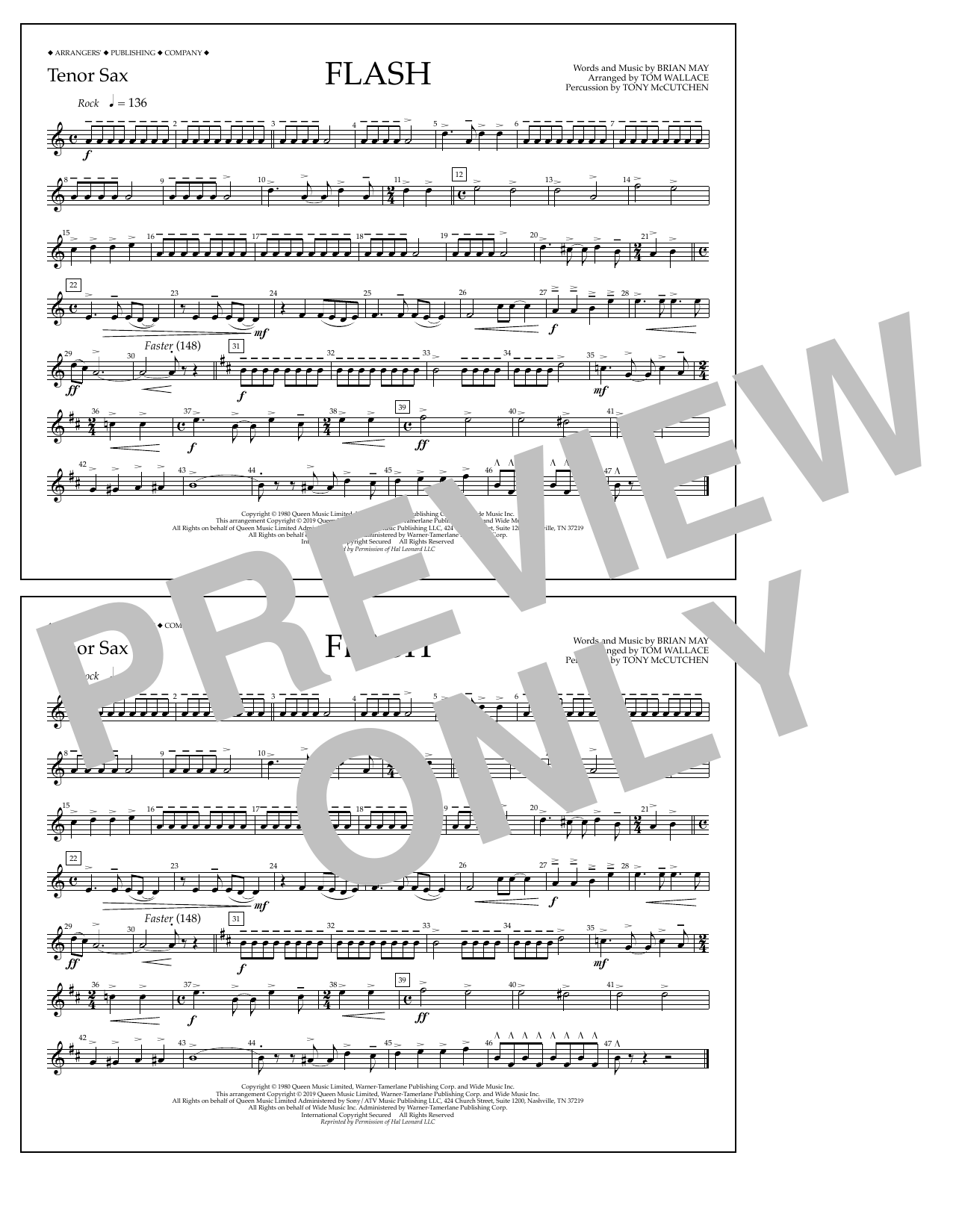 Download Queen Flash (arr. Tom Wallace) - Tenor Sax Sheet Music and learn how to play Marching Band PDF digital score in minutes