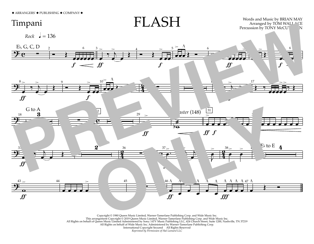 Download Queen Flash (arr. Tom Wallace) - Timpani Sheet Music and learn how to play Marching Band PDF digital score in minutes