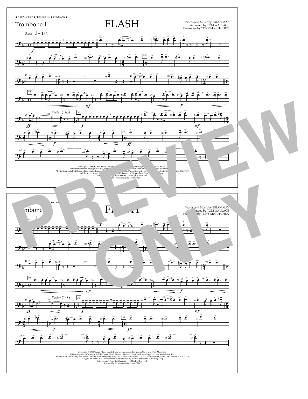 Download Queen Flash (arr. Tom Wallace) - Trombone 1 Sheet Music and learn how to play Marching Band PDF digital score in minutes