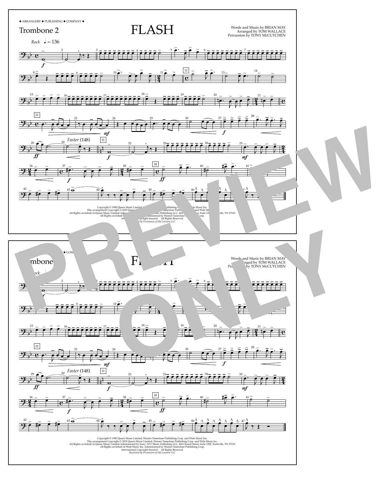 Download Queen Flash (arr. Tom Wallace) - Trombone 2 Sheet Music and learn how to play Marching Band PDF digital score in minutes
