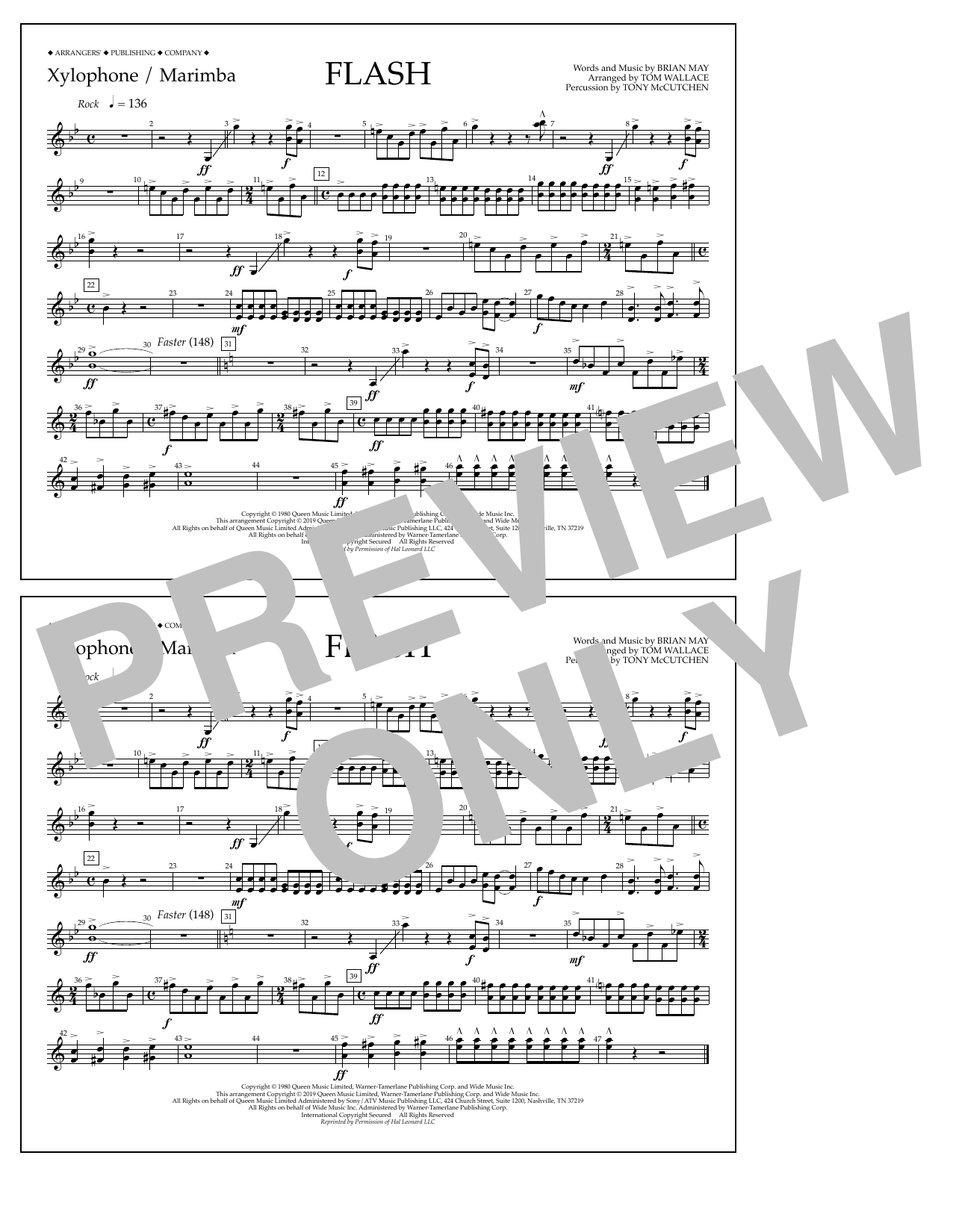 Download Queen Flash (arr. Tom Wallace) - Xylophone/Marimba Sheet Music and learn how to play Marching Band PDF digital score in minutes