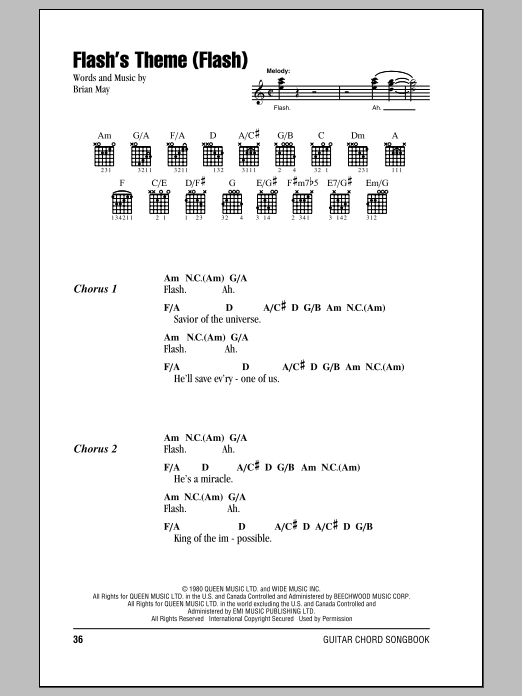 Download Queen Flash's Theme (Flash) Sheet Music and learn how to play Lyrics & Chords PDF digital score in minutes