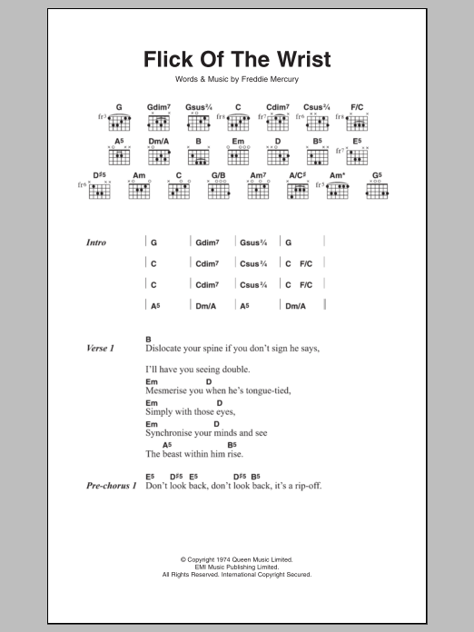 Download Queen Flick Of The Wrist Sheet Music and learn how to play Lyrics & Chords PDF digital score in minutes