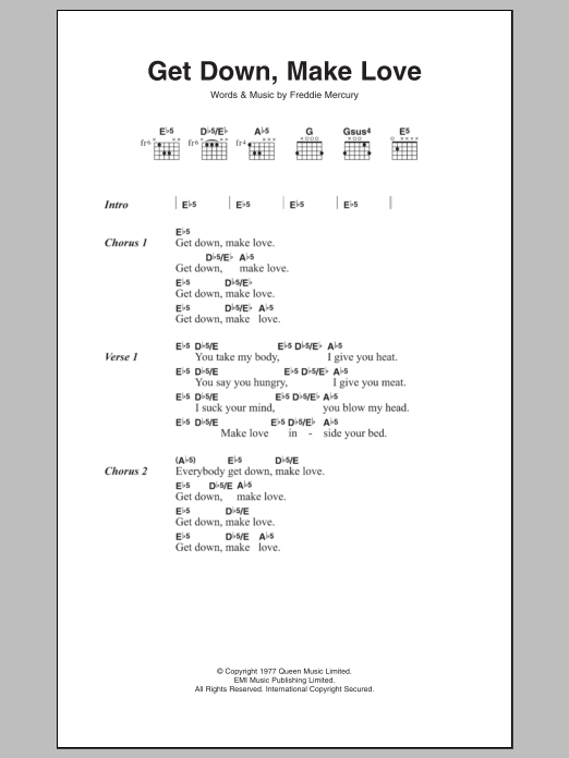 Download Queen Get Down, Make Love Sheet Music and learn how to play Lyrics & Chords PDF digital score in minutes