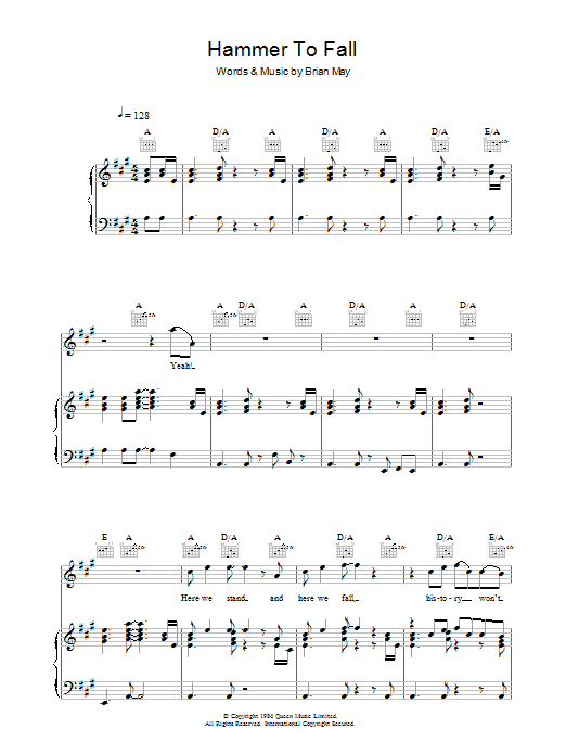 Download Queen Hammer To Fall Sheet Music and learn how to play Piano, Vocal & Guitar (Right-Hand Melody) PDF digital score in minutes