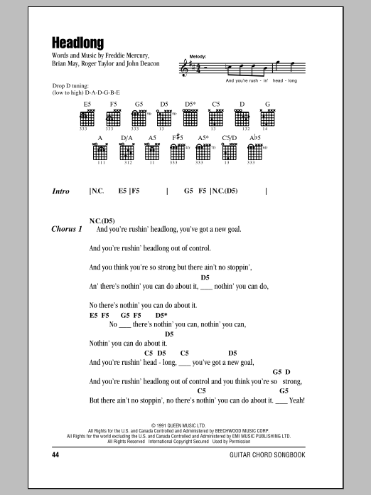 Download Queen Headlong Sheet Music and learn how to play Piano, Vocal & Guitar (Right-Hand Melody) PDF digital score in minutes