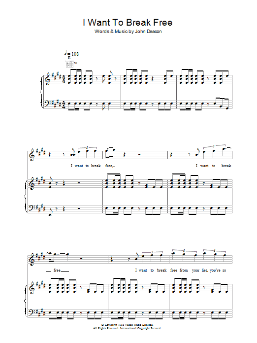 Download Queen I Want To Break Free Sheet Music and learn how to play Piano, Vocal & Guitar PDF digital score in minutes