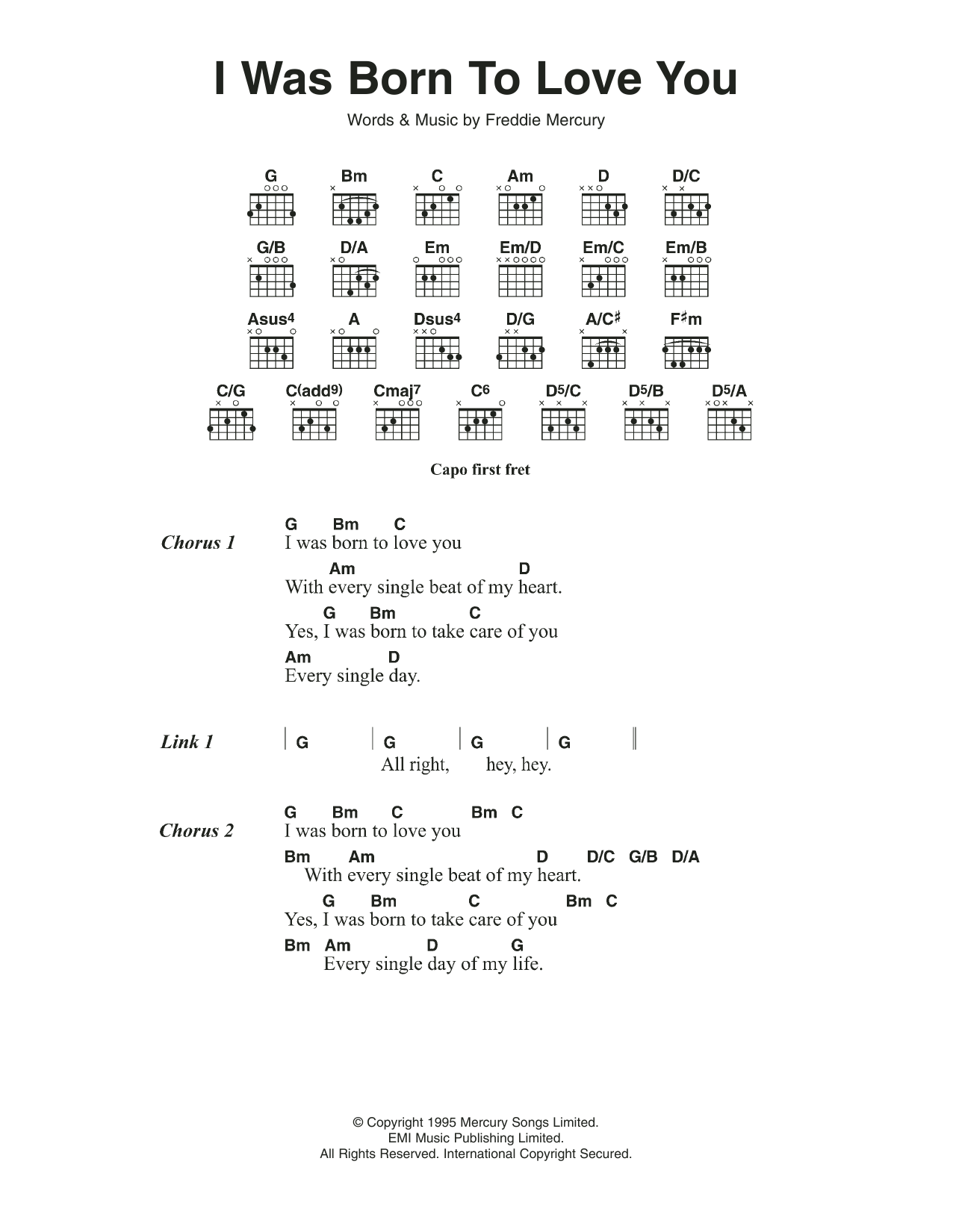 Download Queen I Was Born To Love You Sheet Music and learn how to play Lyrics & Chords PDF digital score in minutes