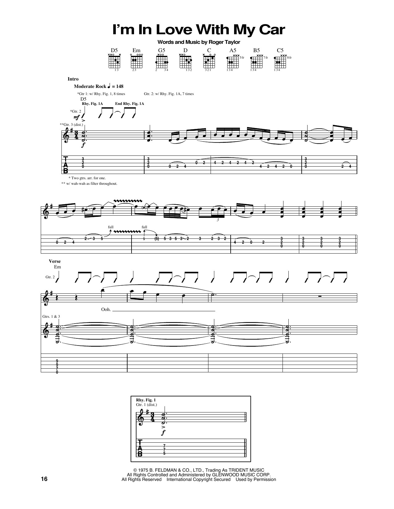 Download Queen I'm In Love With My Car Sheet Music and learn how to play Guitar Tab PDF digital score in minutes