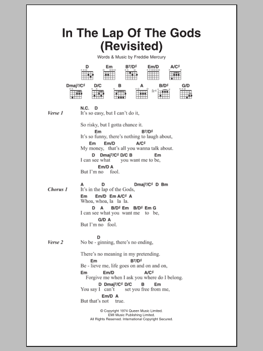 Download Queen In The Lap Of The Gods (Revisited) Sheet Music and learn how to play Lyrics & Chords PDF digital score in minutes