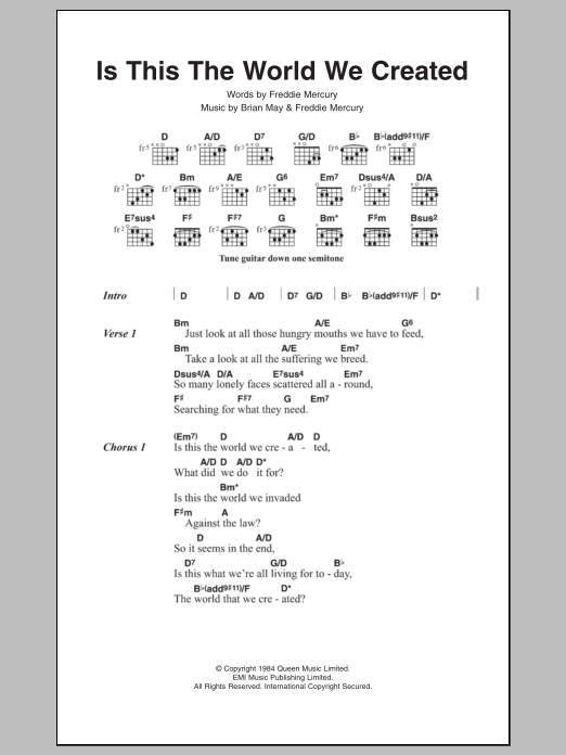 Download Queen Is This The World We Created Sheet Music and learn how to play Lyrics & Chords PDF digital score in minutes
