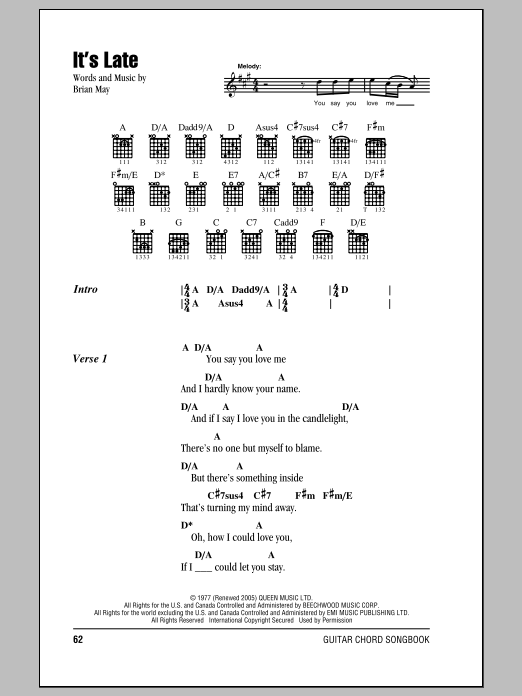 Download Queen It's Late Sheet Music and learn how to play Lyrics & Chords PDF digital score in minutes