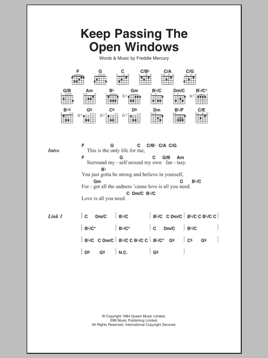 Download Queen Keep Passing The Open Windows Sheet Music and learn how to play Lyrics & Chords PDF digital score in minutes