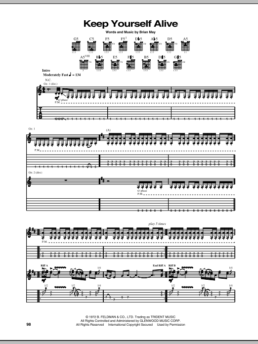 Download Queen Keep Yourself Alive Sheet Music and learn how to play Easy Guitar Tab PDF digital score in minutes