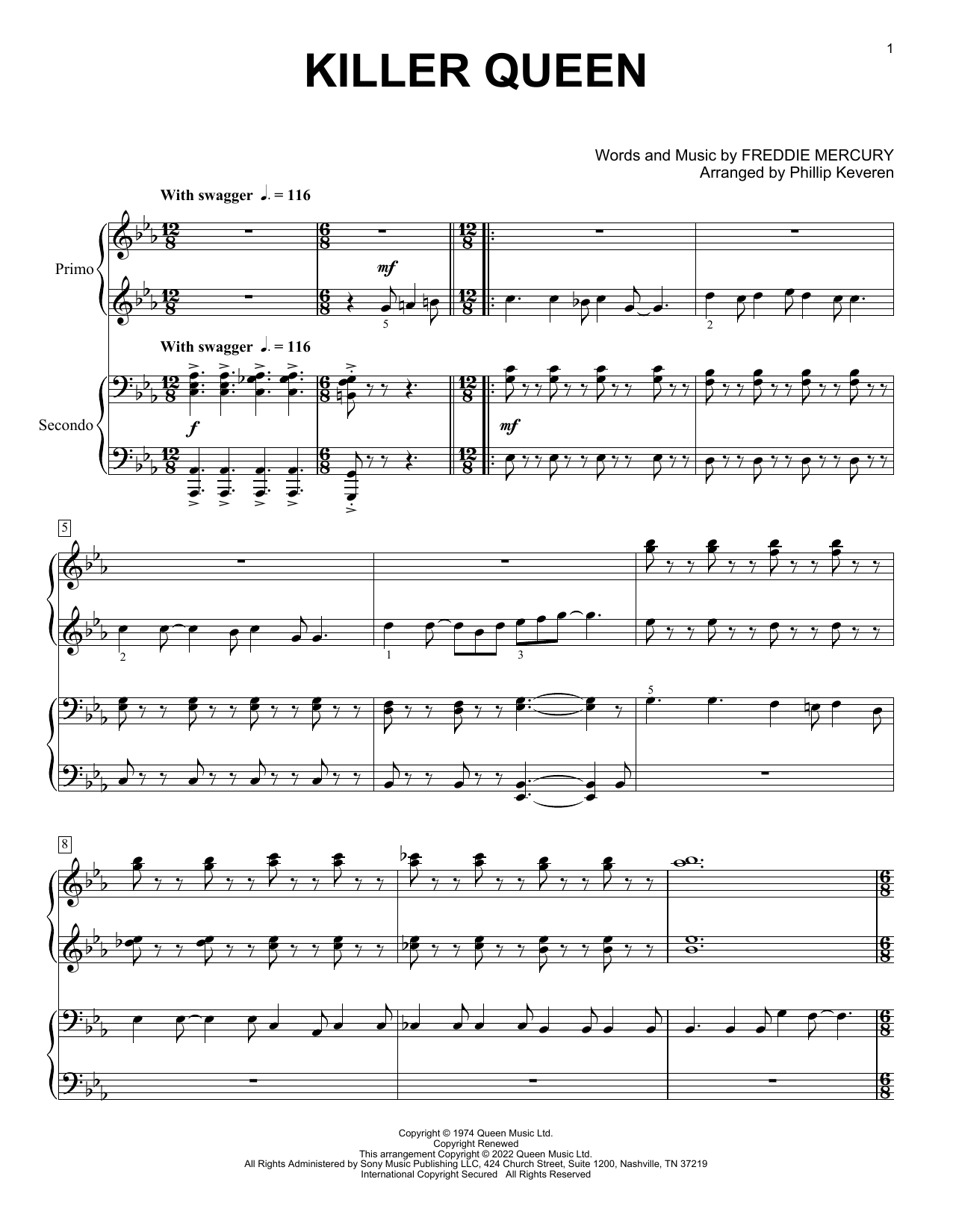 Download Queen Killer Queen (arr. Phillip Keveren) Sheet Music and learn how to play Piano Duet PDF digital score in minutes