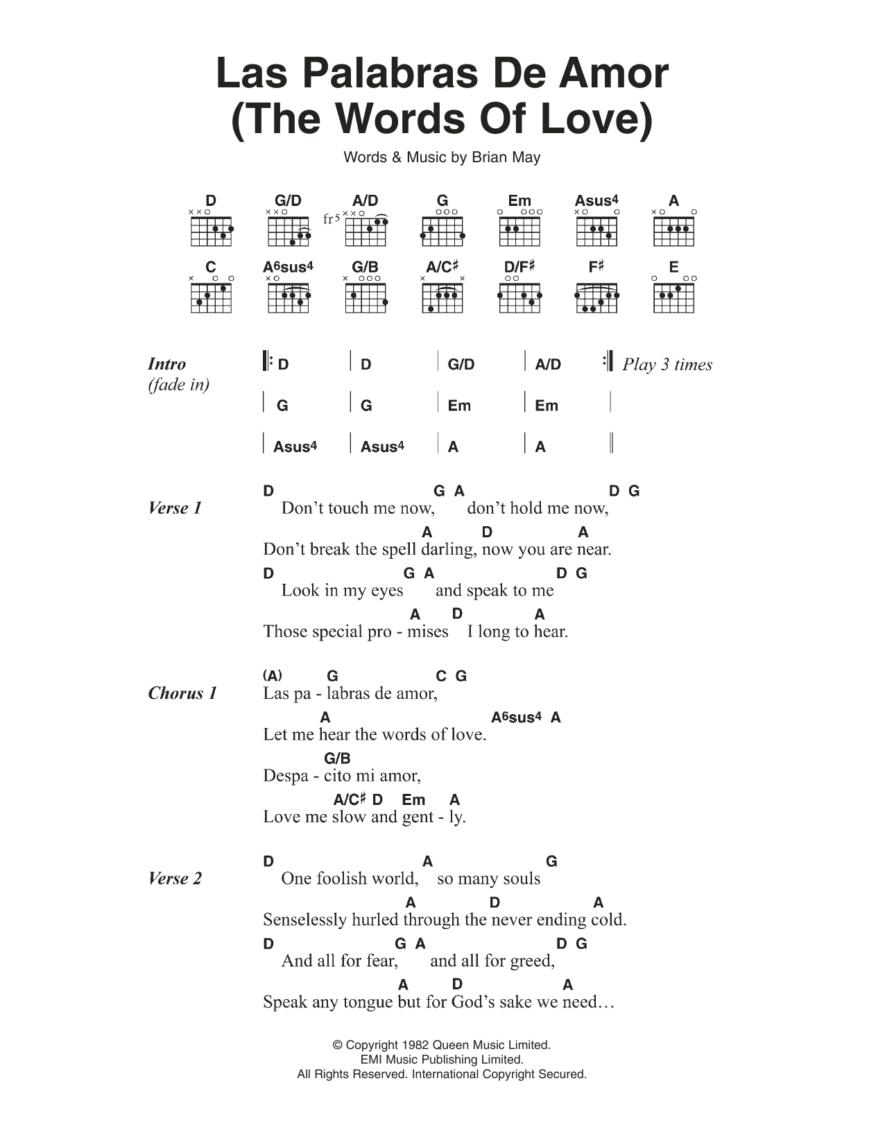 Download Queen Las Palabras De Amor (The Words Of Love) Sheet Music and learn how to play Lyrics & Chords PDF digital score in minutes