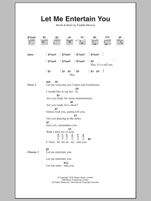 Download Queen Let Me Entertain You Sheet Music and learn how to play Lyrics & Chords PDF digital score in minutes