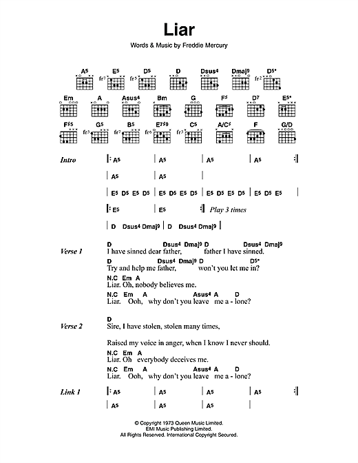 Download Queen Liar Sheet Music and learn how to play Lyrics & Chords PDF digital score in minutes