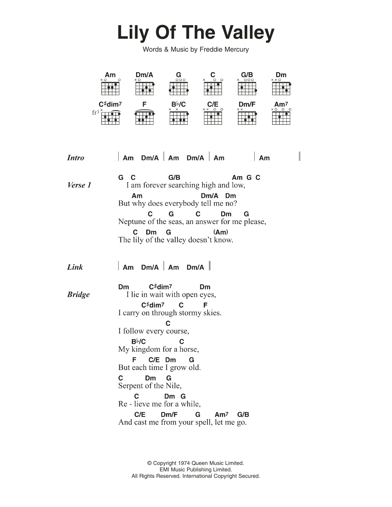 Download Queen Lily Of The Valley Sheet Music and learn how to play Lyrics & Chords PDF digital score in minutes