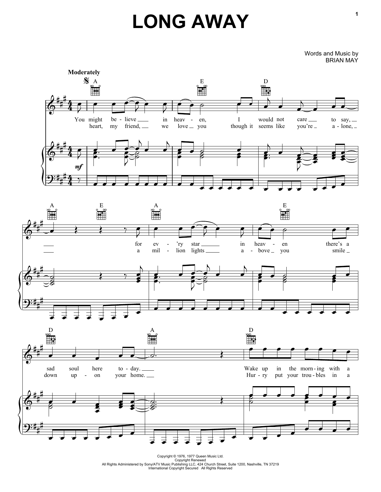 Download Queen Long Away Sheet Music and learn how to play Piano, Vocal & Guitar (Right-Hand Melody) PDF digital score in minutes