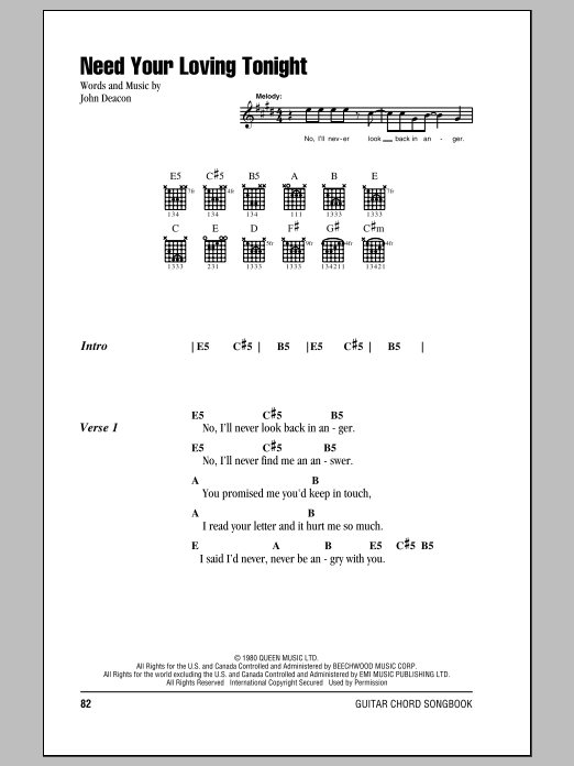 Download Queen Need Your Loving Tonight Sheet Music and learn how to play Lyrics & Chords PDF digital score in minutes