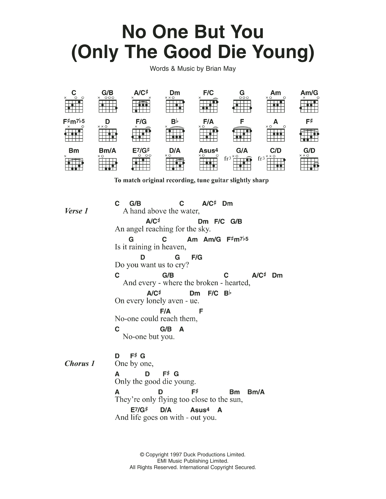 Download Queen No One But You (Only The Good Die Young) (from We Will Rock You) Sheet Music and learn how to play Guitar Chords/Lyrics PDF digital score in minutes