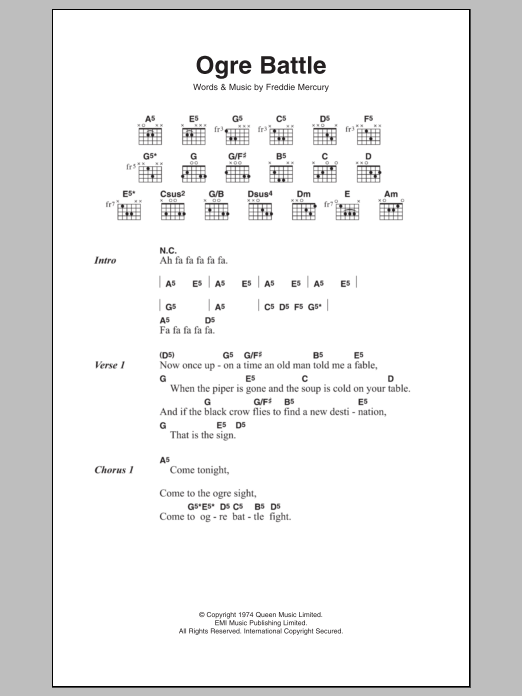 Download Queen Ogre Battle Sheet Music and learn how to play Lyrics & Chords PDF digital score in minutes