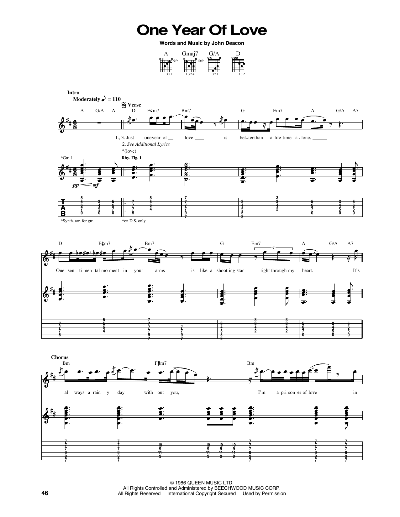 Download Queen One Year Of Love Sheet Music and learn how to play Guitar Tab PDF digital score in minutes