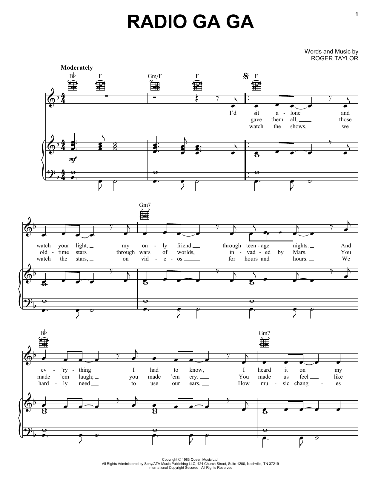 "Radio Ga Ga" Music Notes | Download Printable PDF Score