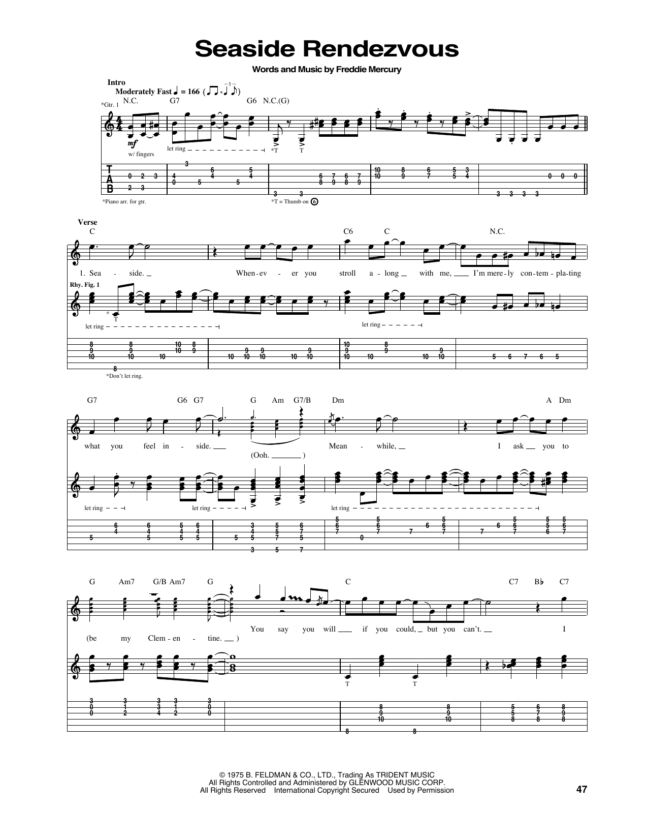 Download Queen Seaside Rendezvous Sheet Music and learn how to play Guitar Tab PDF digital score in minutes