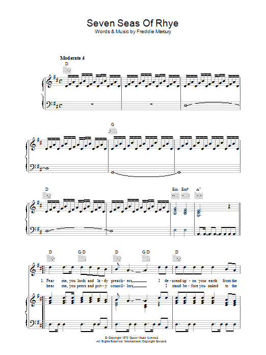 Download Queen Seven Seas Of Rhye Sheet Music and learn how to play Piano, Vocal & Guitar (Right-Hand Melody) PDF digital score in minutes