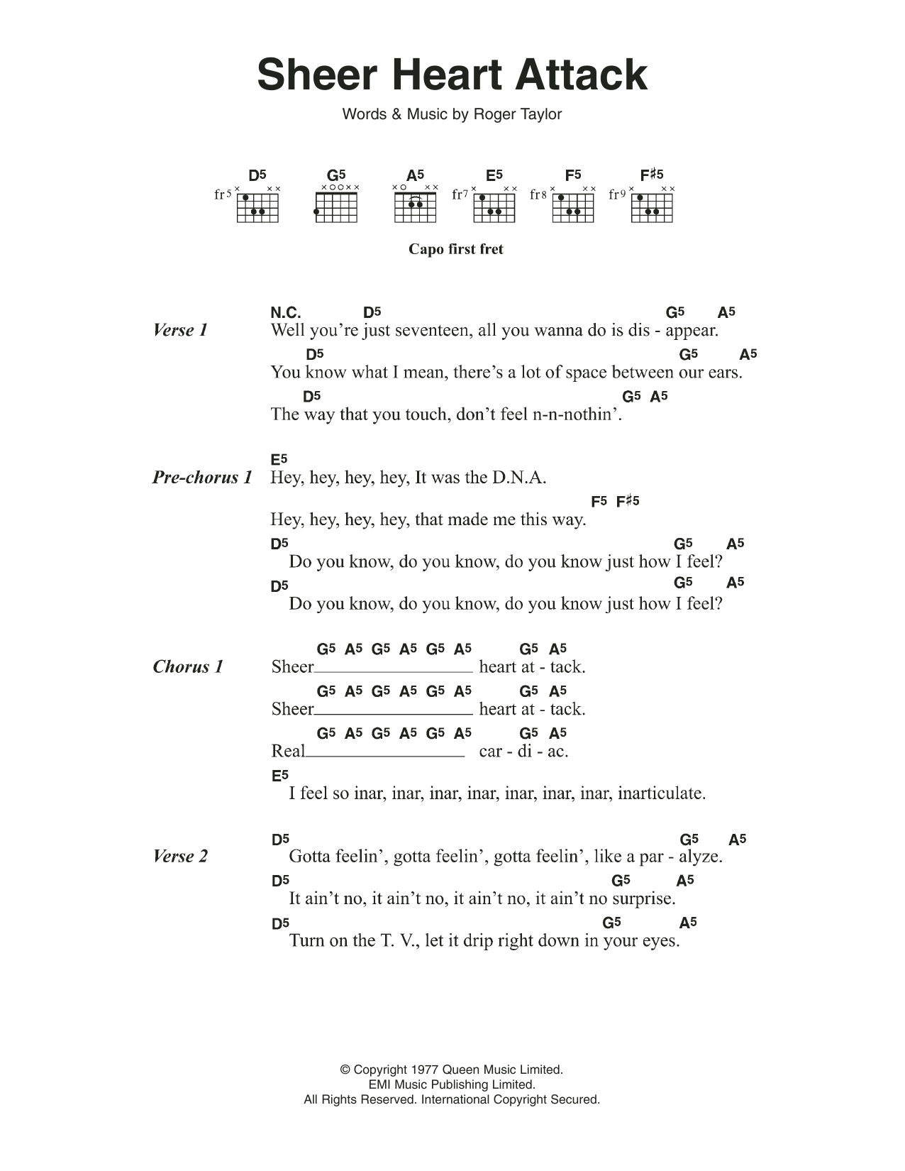 Download Queen Sheer Heart Attack Sheet Music and learn how to play Lyrics & Chords PDF digital score in minutes