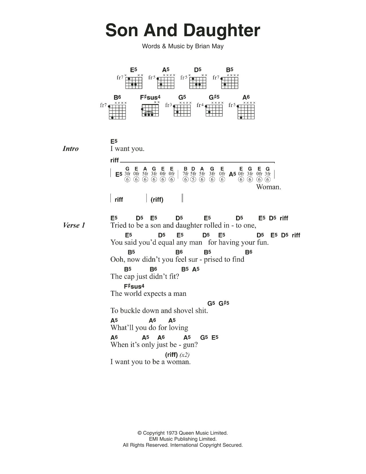 Download Queen Son And Daughter Sheet Music and learn how to play Lyrics & Chords PDF digital score in minutes