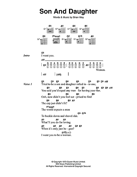 Download Queen Son And Daughter Sheet Music and learn how to play Lyrics & Chords PDF digital score in minutes