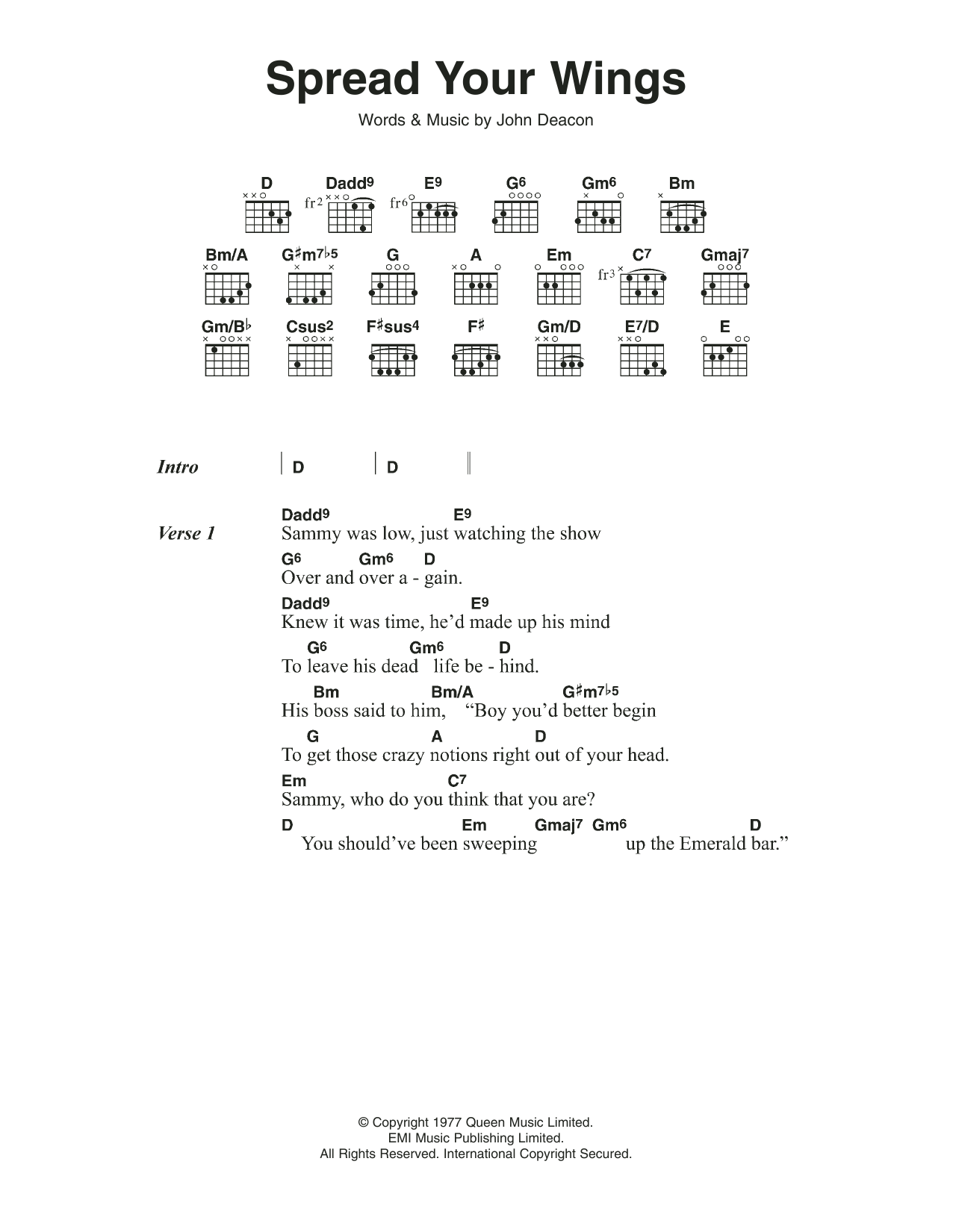 Download Queen Spread Your Wings Sheet Music and learn how to play Lyrics & Chords PDF digital score in minutes