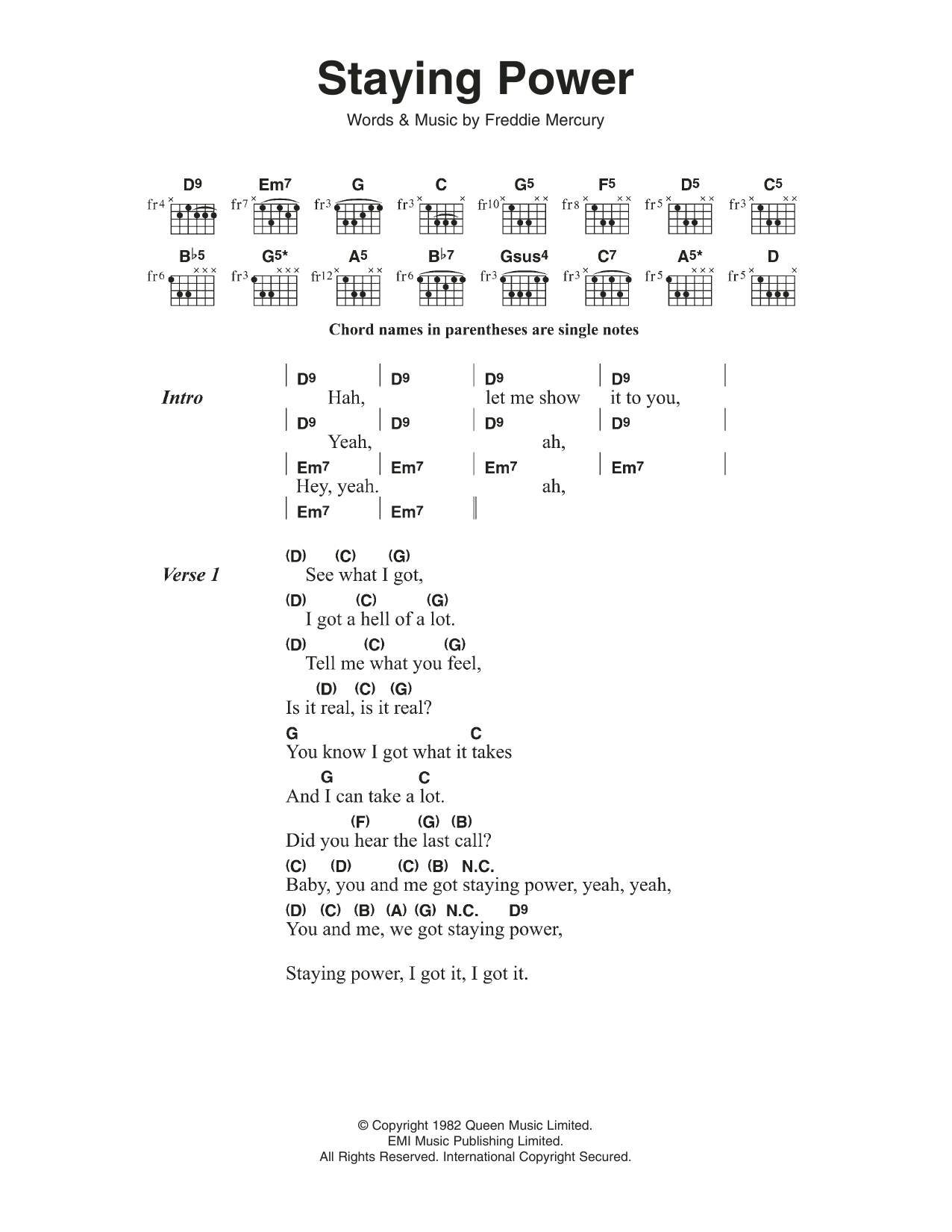 Download Queen Staying Power Sheet Music and learn how to play Lyrics & Chords PDF digital score in minutes
