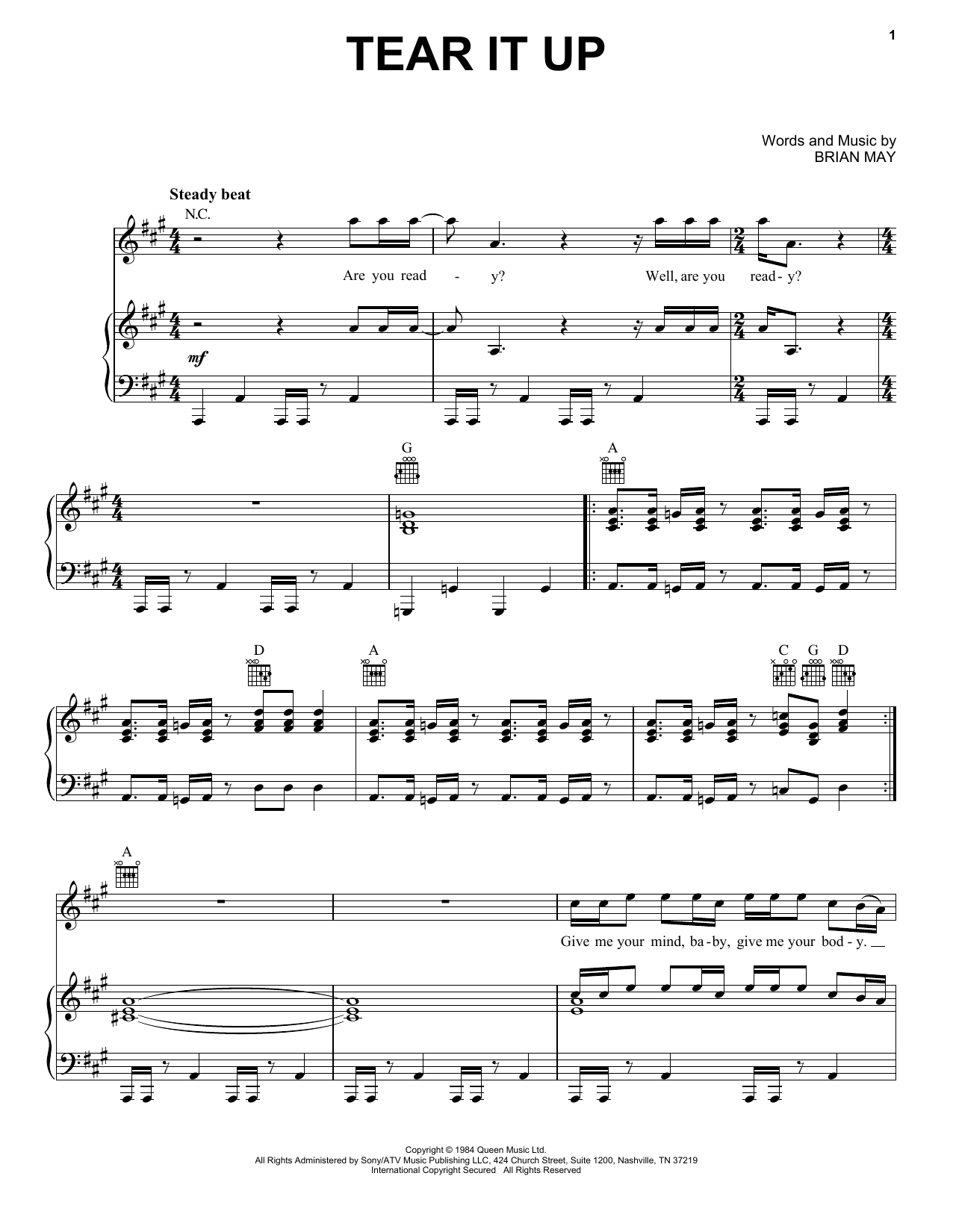 Download Queen Tear It Up Sheet Music and learn how to play Piano, Vocal & Guitar (Right-Hand Melody) PDF digital score in minutes