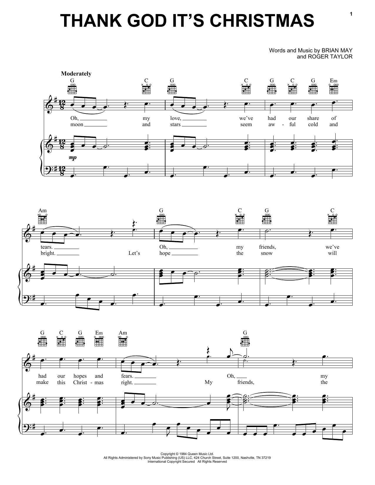 Download Queen Thank God It's Christmas Sheet Music and learn how to play Piano, Vocal & Guitar Chords (Right-Hand Melody) PDF digital score in minutes