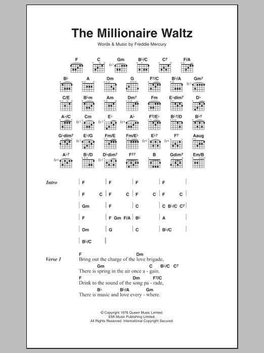 Download Queen The Millionaire Waltz Sheet Music and learn how to play Lyrics & Chords PDF digital score in minutes
