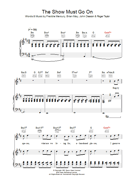Download Queen The Show Must Go On Sheet Music and learn how to play Piano, Vocal & Guitar (Right-Hand Melody) PDF digital score in minutes
