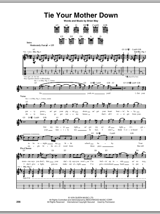 Download Queen Tie Your Mother Down Sheet Music and learn how to play Bass Guitar Tab PDF digital score in minutes