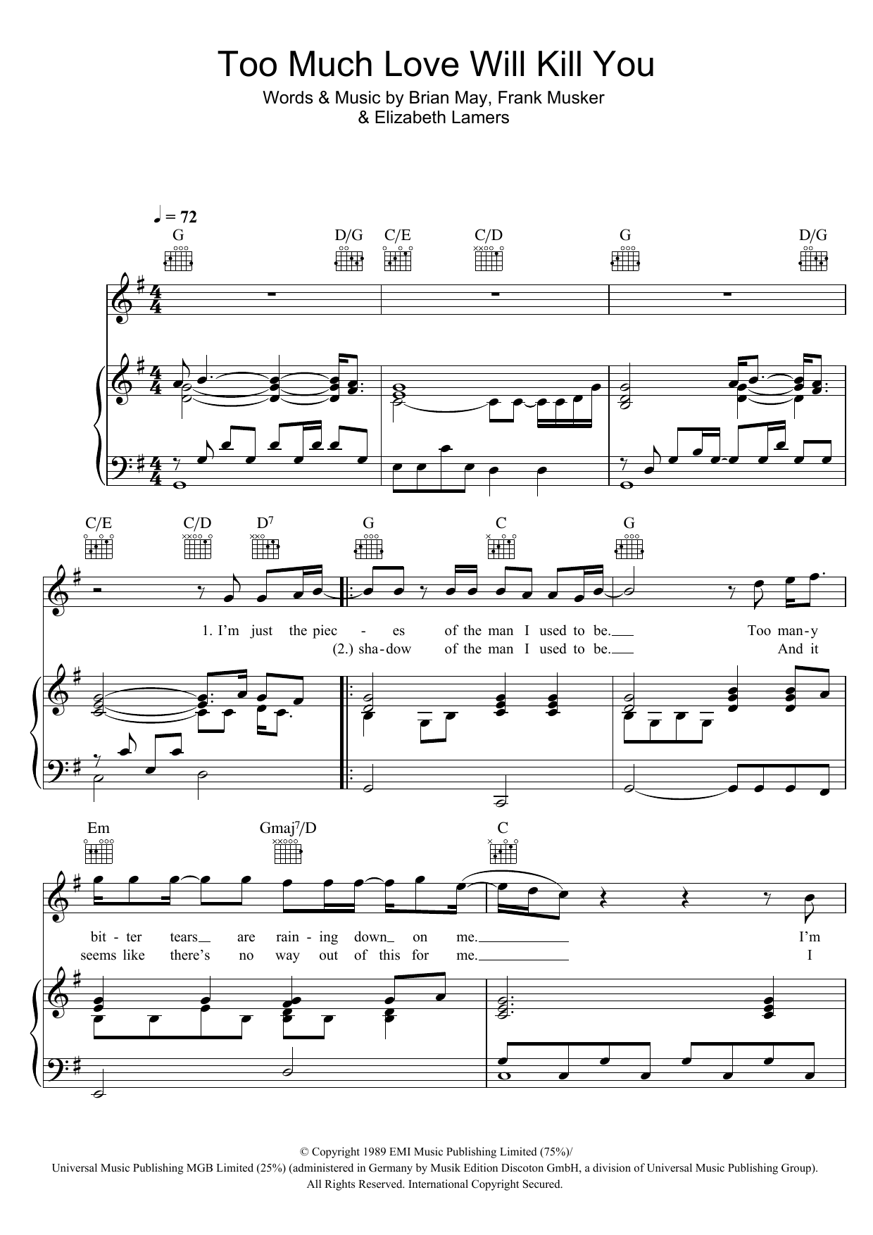 Download Queen Too Much Love Will Kill You Sheet Music and learn how to play Piano, Vocal & Guitar PDF digital score in minutes