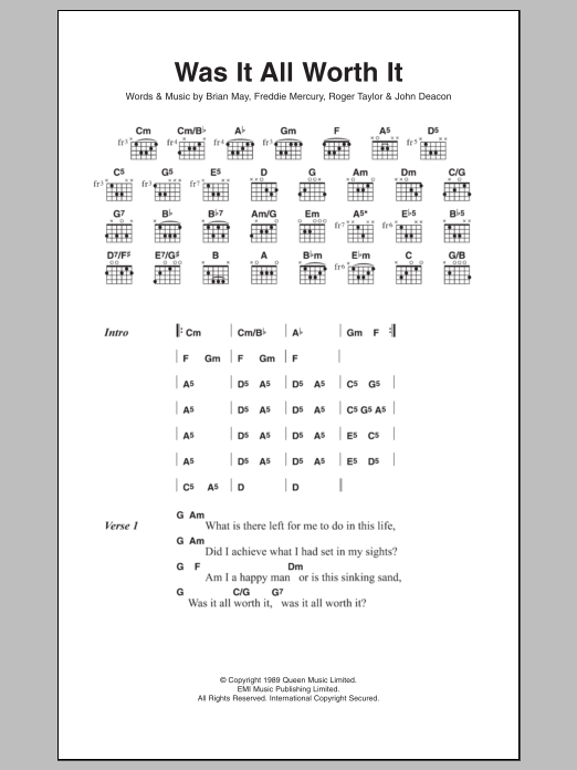 Download Queen Was It All Worth It Sheet Music and learn how to play Lyrics & Chords PDF digital score in minutes