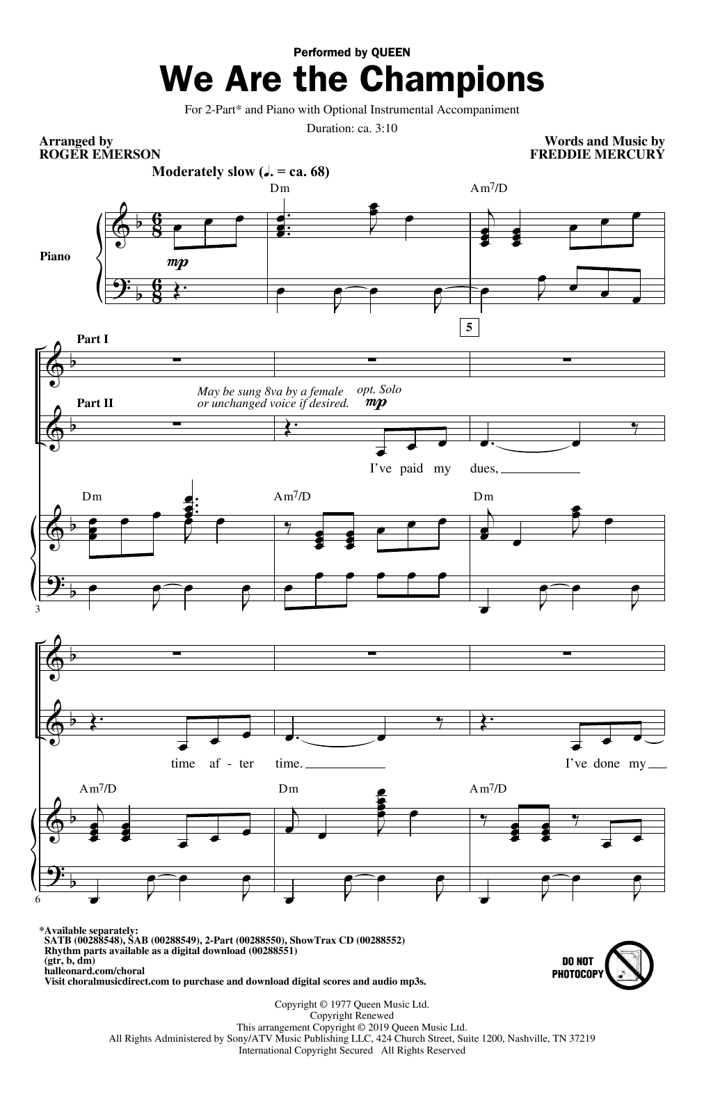 Download Queen We Are The Champions (arr. Roger Emerson) Sheet Music and learn how to play SAB Choir PDF digital score in minutes